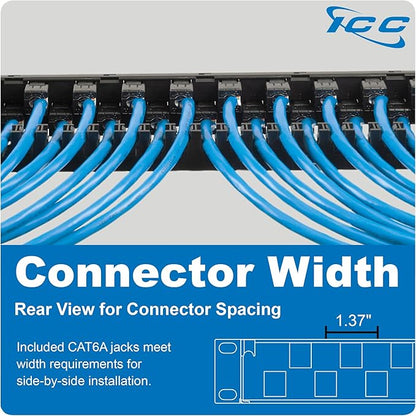 ICC 24-Port CAT6A Keystone 1U Patch Panel with CAT6A Keystone Jacks, 19” Rackmount Housing and Cable Support Bar, Staggered Ports to Reduce ANEXT, UL Listed PoE++ Compliant, ICMPP246AU