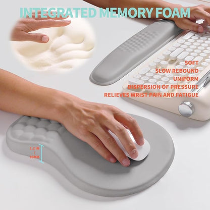 KUOSGM 2-in-1 Ergonomic Set, Wave Rise Keyboard Wrist Rest and Massage Bulge Slope Mouse Pad Wrist Support, Cushion Memory Foam Integrated to Relieve Wrist Pain, Silver Gray