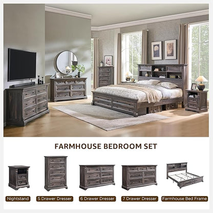 Farmhouse Nightstand with Charging Station, 18" End Table with 2 Drawers Storage and 1 Storage Shelf, Wooden Sofa Side Table w/Roman Column, Bedside Cabinet for Bedroom, Living Room, Dark Rustic Oak