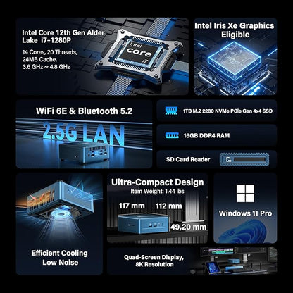 [3-Year Coverage]GEEKOM Mini PC IT12[Best Intel NUC12 Alternative] With Intel i7-1280P Mini Computers,16GB RAM/1TB SSD(Expandable, Not LPDDR) Windows 11 Pro Desktop PC (Low-Power),USB 4/8K/SD(UHS-II)