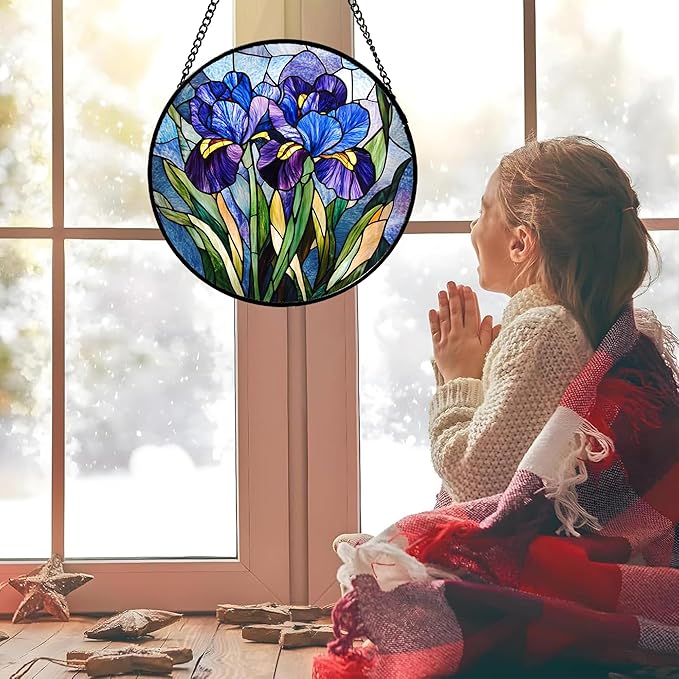 CRISGIF Stained Glass Window Hanging - Blue Purple Iris Flower Suncatcher for Door Garden Patio Sun Catchers Decor Christmas Mother's Day Birthday Gifts for Women Men Mom Nana Aunt Friend 15 in