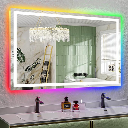 YEELAIT 60x38 Inch RGB LED Bathroom Mirror Front Light and RGB Backlit Lighted Vanity Mirror for Bathroom Wall Mounted Dimmable Anti Fog Memory Shatter-Proof IP54 Waterproof Horizontal/Vertical