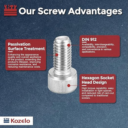Kozelo 6pcs Socket Head Cap Screws - [M10-1.5 x 22mm] 304 Stainless Steel Allen Socket Drive for Electrical Motor 3D Printing Fan Engine Replacement Use, Silver
