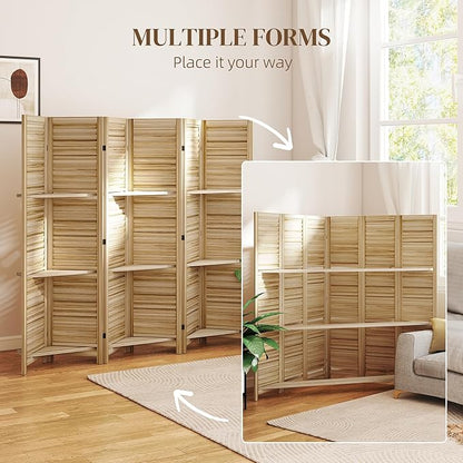 HOMCOM Room Divider, 6 Panel 67" Tall Wood Privacy Screen with 3 Display Shelves, and Folding Storage for Bedroom or Home Office, Natural Wood