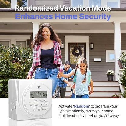 BN-LINK Indoor Digital Timer Outlet, Dual Outlet 7 Day Programmable Light Switch, 3 Prong Plug in Timers for Electrical Outlets, Lamps, Fans, 8 On/Off Programs, 1 Pack, 15A/1875W, ETL Listed