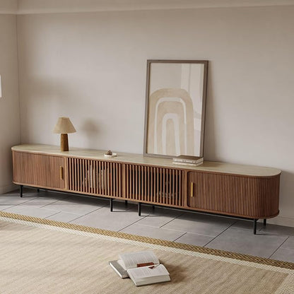 POVISON Fully-Assembled Sliding Tambour Door TV Stand, Mid Century Modern Sintered Stone TV Console, Wood Media Console, Entertainment Center with Storage Cabinet (Walnut, 118.11")