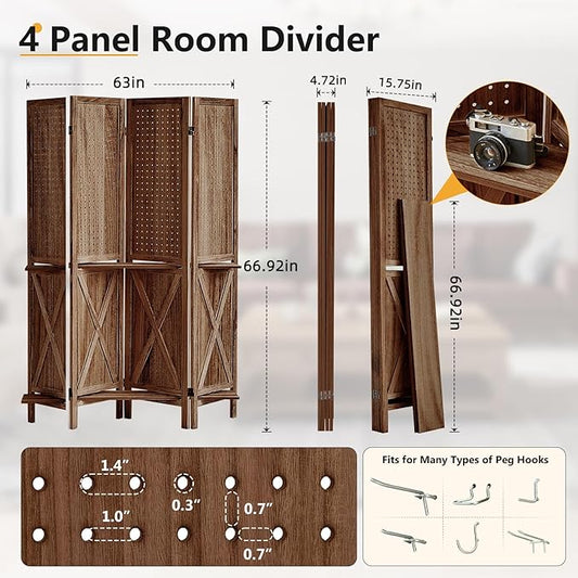 Aleesing 4 Panel Pegboard Display with 16 Hooks, Wooden Pegboard Room Divider Wall with Shelf, Partition Room Dividers and Folding Privacy Screens, Bedroom, Jewelry Store, Brown