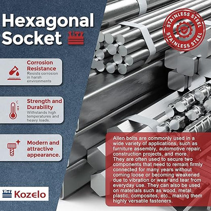 Kozelo 6pcs Socket Head Cap Screws - [M8-1.25 x 55mm] 304 Stainless Steel Allen Socket Drive for Electrical Motor 3D Printing Fan Engine Replacement Use, Silver