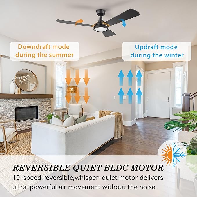 SMAAIR 56 Inch Smart Wifi Ceiling Fans with Dimmable LED Lights and Remote, Compatible with Alexa/Google Home/Siri/APP, Outdoor DC Fans with 10 Speeds, Timer/Schedule,Black/Gold