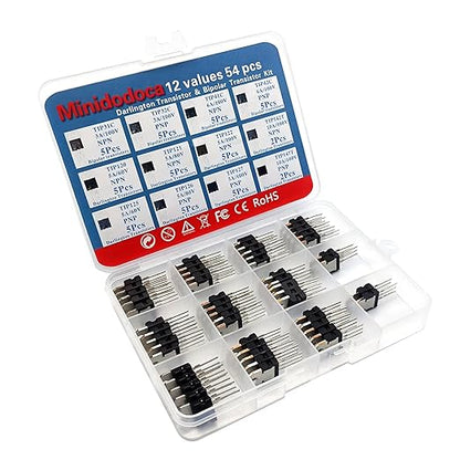 12 Values 54 Pcs Darlington Transistors Bipolar Power Transistor TIP31C TIP32C TIP41C TIP42C TIP120 TIP121 TIP122 TIP125 TIP126 TIP127 TIP142T TIP147T Minidodoca TIP Transistors Assortment Kit