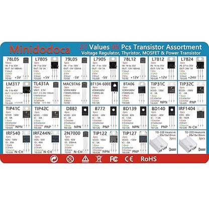Minidodoca Power Transistor, Mosfet, Thyristor and Voltage Regulator Assortment Kit, 95 pcs, 27 Types
