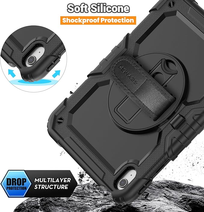 SEYMAC for iPad (A16) 11th/10th Generation Case 2025/2022 (11″/10.9″), Sturdy Heavy Duty Full-Body Shockproof Protective Case with Screen Protector, Rotating Stand, Hand/Shoulder Strap, Black