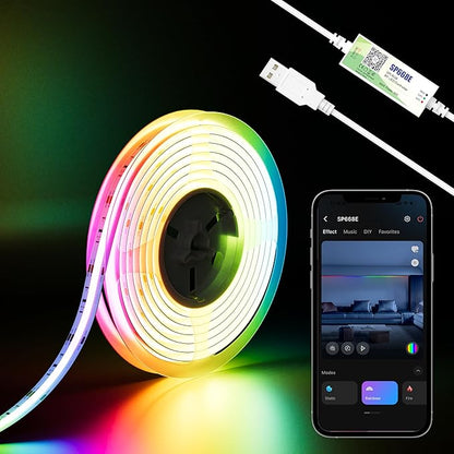 MIWISE 5V USB COB LED Strip Lights,RGB Smart IC LED Strip with App Control,Bluetooth Addressable Music Sync Color Changing Strip Lights,3M Back-Adhesive for Gaming Room PC Home Decor 6.56ft