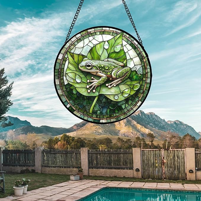 CRISGIF Stained Glass Window Hanging - Cute Frog Suncatcher for Doors Garden Patio Green Leaves Sun Catchers Decor Christmas Mother's Day Birthday Gifts for Women Men Mom Nana Boy Friend 11.8 in