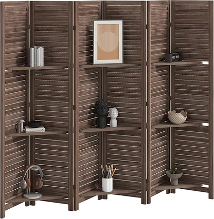 HOMCOM Room Divider, 6 Panel 67" Tall Wood Privacy Screen with 3 Display Shelves, and Folding Storage for Bedroom or Home Office, Walnut