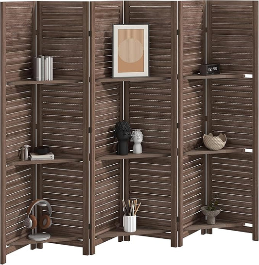 HOMCOM Room Divider, 6 Panel 67" Tall Wood Privacy Screen with 3 Display Shelves, and Folding Storage for Bedroom or Home Office, Walnut