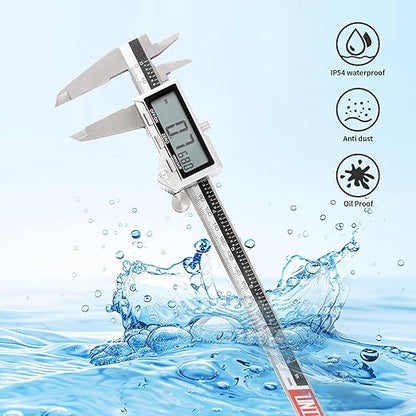 Unipec 8 Inch/ 200mm IP54 Grade Stainless Steel Digital Caliper & Stainless Steel Rule, Inch/Millimeter/Fraction Conversion, Large LCD Screen