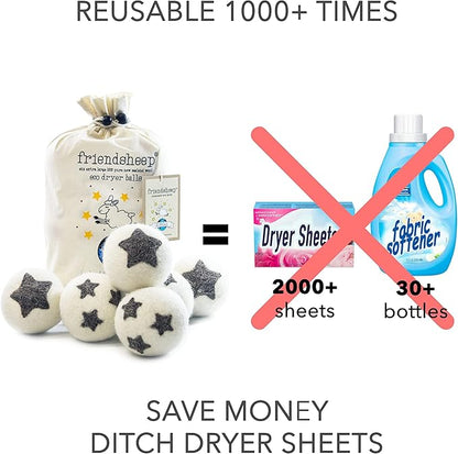 Friendsheep Wool Dryer Balls, Organic Reusable Fabric Softener Alternative for Laundry, Handmade, Fair Trade, Hypoallergenic, Eco-Friendly, Plastic-Free (6 Pack XL – Stars Galore)