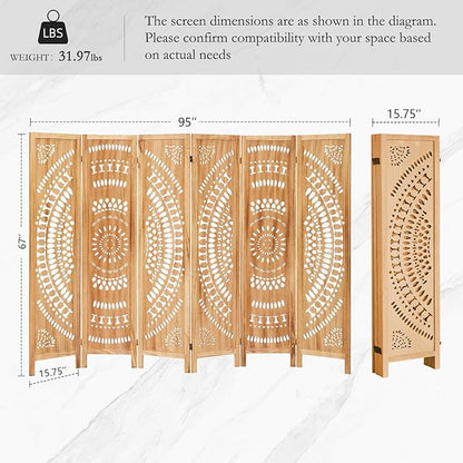 ALeesing 6 Panel Wood Room Divider Fully Assembled, Decorative Room Dividers and Folding Screens, 5.6Ft Room Divider Screen Freestanding Partition Wall Dividers for Home Bedroom Office, Light Brown
