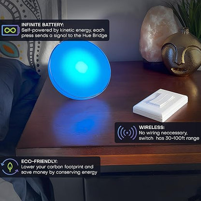 RunLessWire Click for Philips Hue – Battery-Free Wireless Smart Light Switch, 30ft Range – Works Natively with Philips Hue Bridge – Wall Mount Kinetic Switch - Decora Style, Ivory