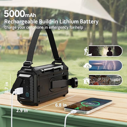 Emergency Weather Radio with AM/FM/NOAA/SW, 5 Ways Powered Solar Hand Crank Alert Radio with LCD Display&SOS, 5000 Portable Radio with Cellphone Charger, Flashlight, Reading Lamp, Headphone Jack