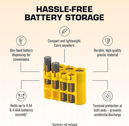 Storacell AA + AAA Combo Battery Storage Caddy and Dispenser (Pack of 2), Yellow, Holds 4 AA + 4 AAA Batteries (Not Included), Durable & Compact, The Original Battery Caddy, Made in USA