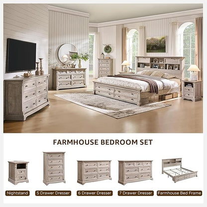 T4TREAM Farmhouse Nightstand Set of 2, 18" Side Table with Charging Station, Wood End Table w/Roman Column, Bedside Cabinet for Bedroom, Living Room, Light Rustic Oak