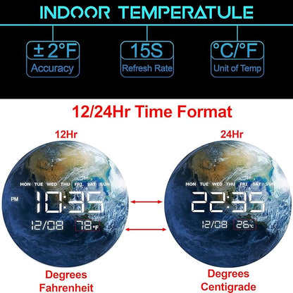HOMLOVE Digital Wall Clock with Large LED Display, Earth Modern Electric Wall Clock [Plug-in] for All Room, Home, Office, (Earth, 12.59 INCH)