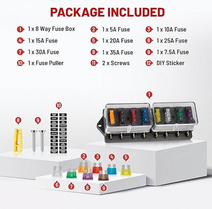 RED WOLF Car 8-Way Blade Fuse Block Box Standard Circuit Fuses for Boat Marine Auto RV Car Trailer Truck SUV Power Distribution Panel Damp-Proof Cover DC 10-32V, Waterproof