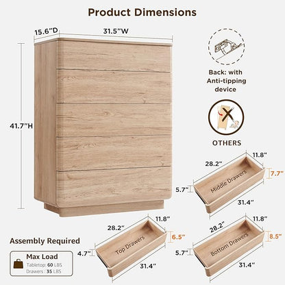 JXQTLINGMU 5 Drawer Dresser for Bedroom, 42" Tall Modern Wood Dressers, Push-to-Open Chest of Drawers for Closet Organizers & Storage, Curved Profile Design,Natural Oak