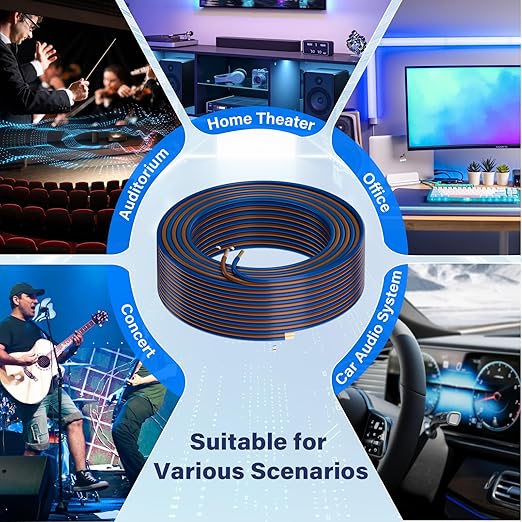 HiFind 14/2 Gauge AWG Car Audio Speaker Wire Cable 35 Ft, Professional Shielded OFC Zipper Wire, Transparent Soft PVC for Automotive Stereo HiFi Home Theater System, Subwoofer, Blue+ Brown