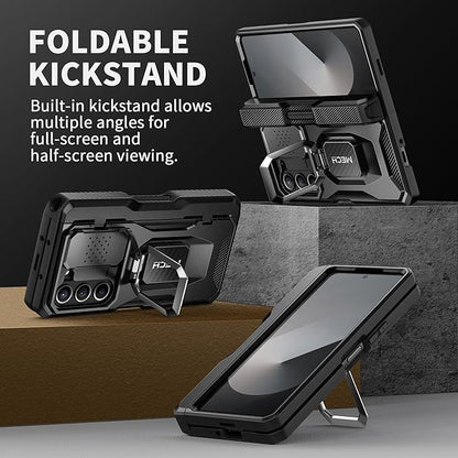 Tongate for Z Fold 6 Case with Ring Stand, Built-in S Pen Holder & HD Glass Screen Protector Rugged Z6 Phone Case with Slide Camera Cover & Belt Clip for Samsung Galaxy Z Fold 6 2024, Black HD Film