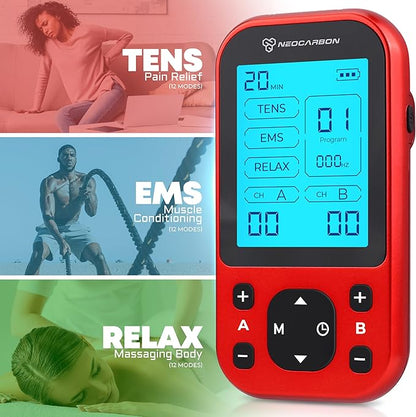 TENS Unit Muscle Stimulator Pro for Back Pain Relief, Shoulder Recovery and Physical Therapy, Electronic EMS Massager Machine with PMS Pulse for Effective Shock Therapy, Red