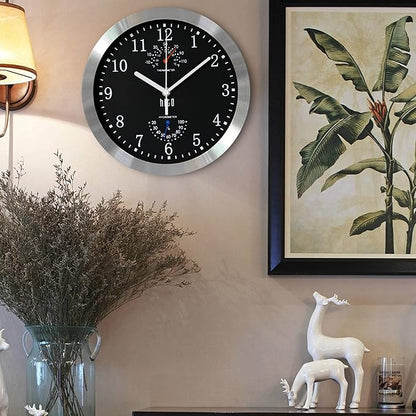 HITO 10 Inch Silent Wall Clock Battery Operated Non Ticking Glass Cover Silver Aluminum Frame, for Kitchen, Bedroom, Home Office, Living Room Decor (Black)