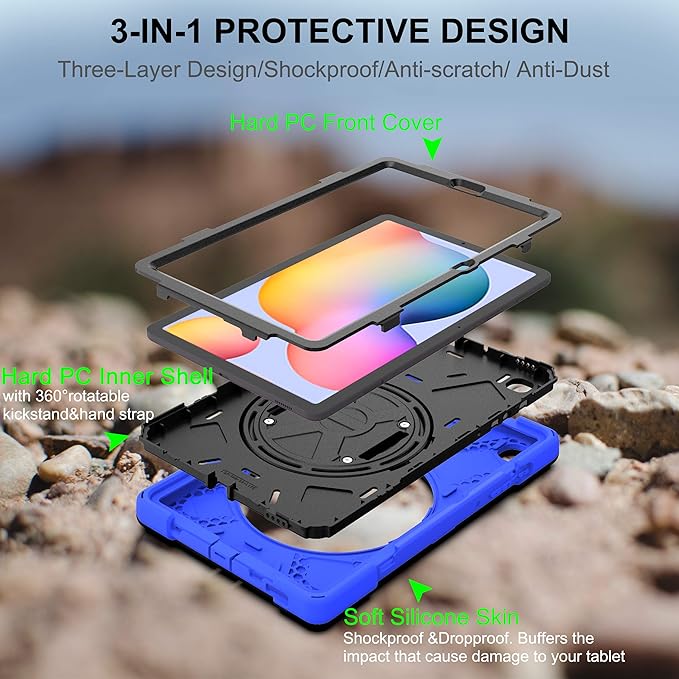 BRAECN for Samsung Galaxy Tab S6 Lite 10.4 Case 2024, Rugged Protective Case with Rotating Kickstand, Carrying Shoulder Strap, Handle Hand Strap, S Pen Holder for Galaxy Tab S6 Lite 10.4”2022-Blue