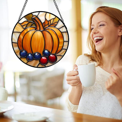 DASTOLL Stained Glass Window Hanging Fall Pumpkin Berries 9.8" - Suncatcher Door Garden Kitchen Sunroom Sun Catcher Autumn Home Decor Birthday for Mom Grandma Men Woman