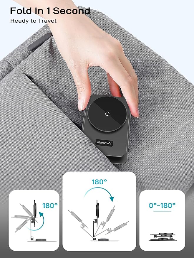 Compatible with MagSafe Charger, 15W MagSafe Charger Stand, 360°Rotation Base Adjustable Foldable Wireless Charger for Samsung Galaxy S25 Ultra/Z Fold7/Flip7/iPhone 16/Pixel 10 Pro/Pixel 10 Pro Fold