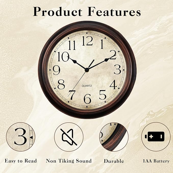 KECYET Wall Clock 10 Inch Battery Operated Silent Non-Ticking Analog Wall Clocks Vintage Retro Rustic Style Decorative for Bedroom Living Room Kitchen Office (Bronze)