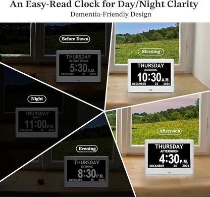 7'' Dementia Clock For Seniors, Large Display Digital Clock With Date, Time, Day Of Week for Elderly, Alzheimer, 1024*600P HD, 10 Reminders & 8 Alarms, Auto Dimming & DST, Remote Control, White