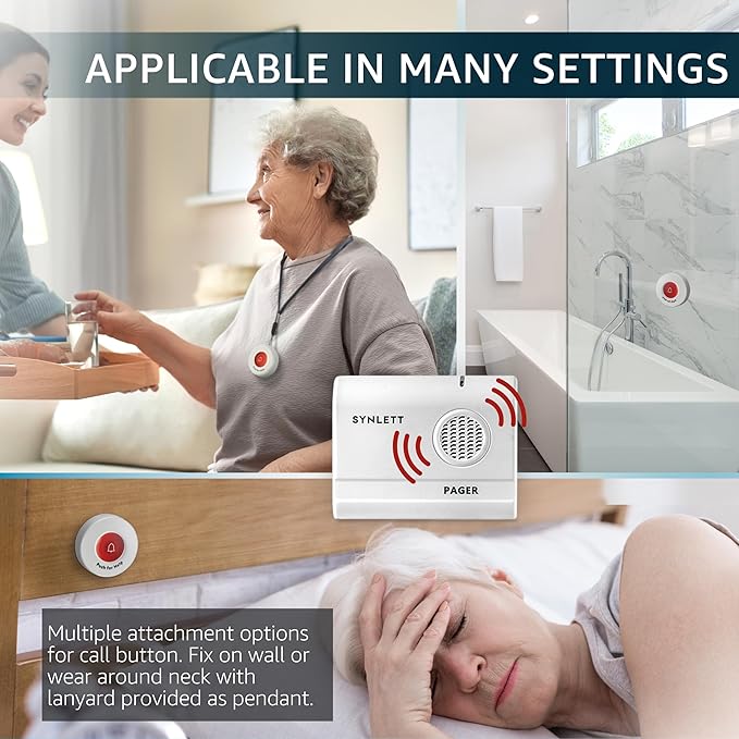 SYNLETT Caregiver Pager Wireless Call Buttons for Elderly Monitoring SOS Alert System Portable Alarm for Nurse Call Seniors Patients Emergency Home