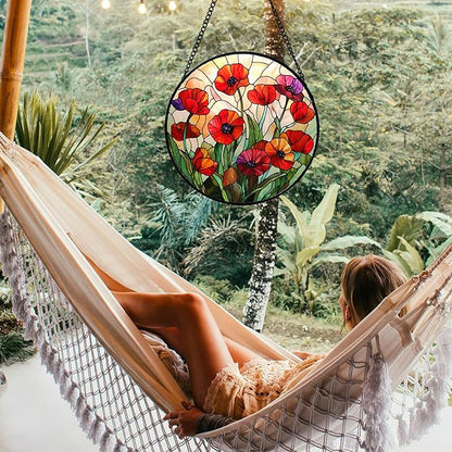 CRISGIF Stained Glass Window Hanging - Poppy Birth Flowers Suncatcher for Door Garden Yard Wildflowers Sun Catchers Decor Christmas Mother's Day Birthday Gifts for Women Mom Nana Friend 6.3 in