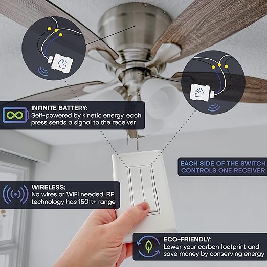 RunLessWire Fan & Light Battery-Free DIY Wireless Light Switch Kit 150ftRF Range Kinetic for Bathrooms & Ceiling Fans: 1 Dual Remote Switch Controls 2 5A On/Off Receivers Separately – Black