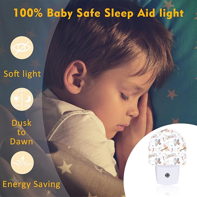 sndheke Funny Cartoon Airplanes Night Light, Retro Watercolor Planes Dusk to Dawn Night Light Plug in,0.5w Energy Saving Sleep Friendly NightLight for Kids Boys Girls Home Decor