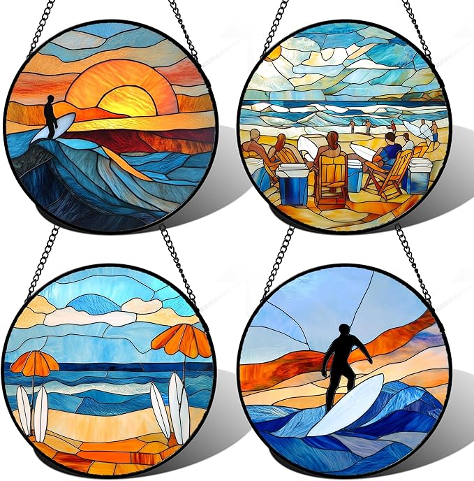 AMDERVEN Stained Glass Window Hanging 4 Pcs Set Blue Ocean Surfing Beach 9.8" - Suncatcher Door Garden Sun Catcher Decor Birthday Mother's Day for Firefighte Men Woman Nana Mom