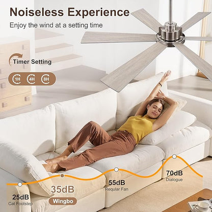WINGBO 60 Inch Ceiling Fan without Light - 6 Plywood Blades, 6-Speed Reversible DC Motor, Noiseless Remote Control Ceiling Fan No Light for Bedroom Living Room Kitchen, Nickel and Silver/Gray