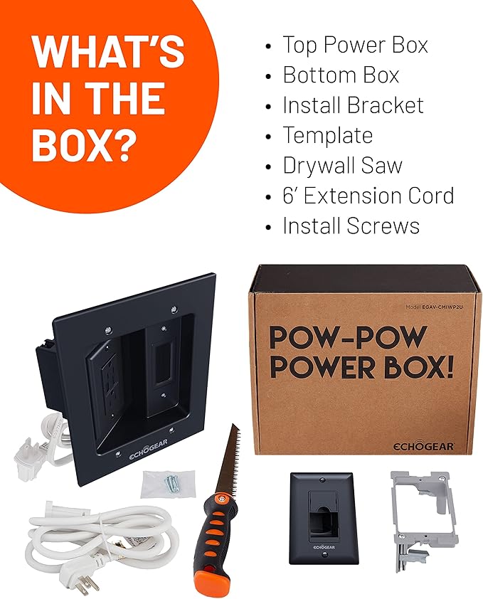 ECHOGEAR TV Cord Hider for Wall Mounted TV with 2X AC Outlets & 2X USB-A Ports - Hide Power Cables & Low Voltage Wires Behind The Wall - Includes Template, Saw, & Low Profile Extension Cord - Black