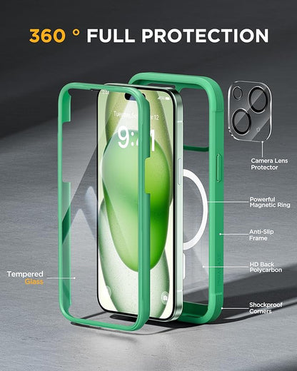 Miracase Magnetic for iPhone 15 Plus Case 6.7'' [Compatible with Magsafe] Full-Body Military Drop Proof 15 Plus Phone Case Cover with Built-in 9H Tempered Glass Screen Protector,Magnetic Green