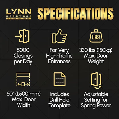 LYNN HARDWARE Extra Heavy Duty Automatic Door Closer (Silver) - Commercial Grade, Contractors Choice, Adjustable Speed, Delayed Closing Timer, 3 Mounting Options, 3 Hour Fire Rated (DC9016 Model)