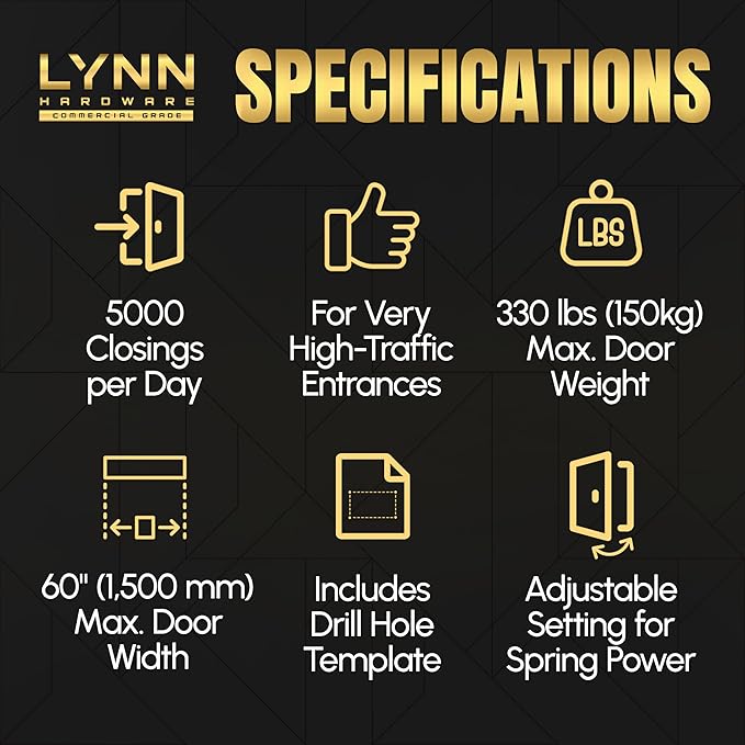 LYNN HARDWARE Extra Heavy Duty Automatic Door Closer (Brass/Gold) - Commercial Grade, Contractors Choice, Adjustable Speed, Delayed Closing Timer, 3 Mounting Options, 3 Hour Fire Rated (DC9016 Model)