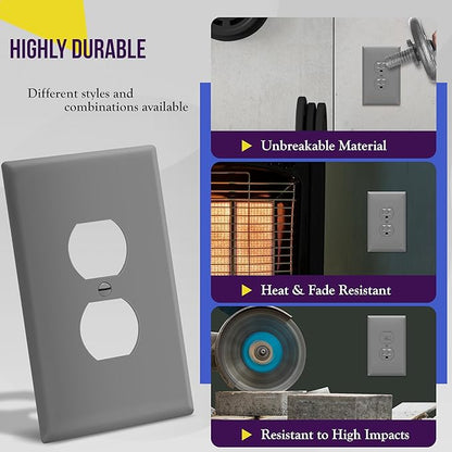 ENERLITES Duplex Receptacle Outlet Wall Plate, Jumbo Electrical Outlet Cover, Gloss Finish, Oversized 1-Gang 5.51" x 3.50", Polycarbonate Thermoplastic, 8821O-GY, Gray